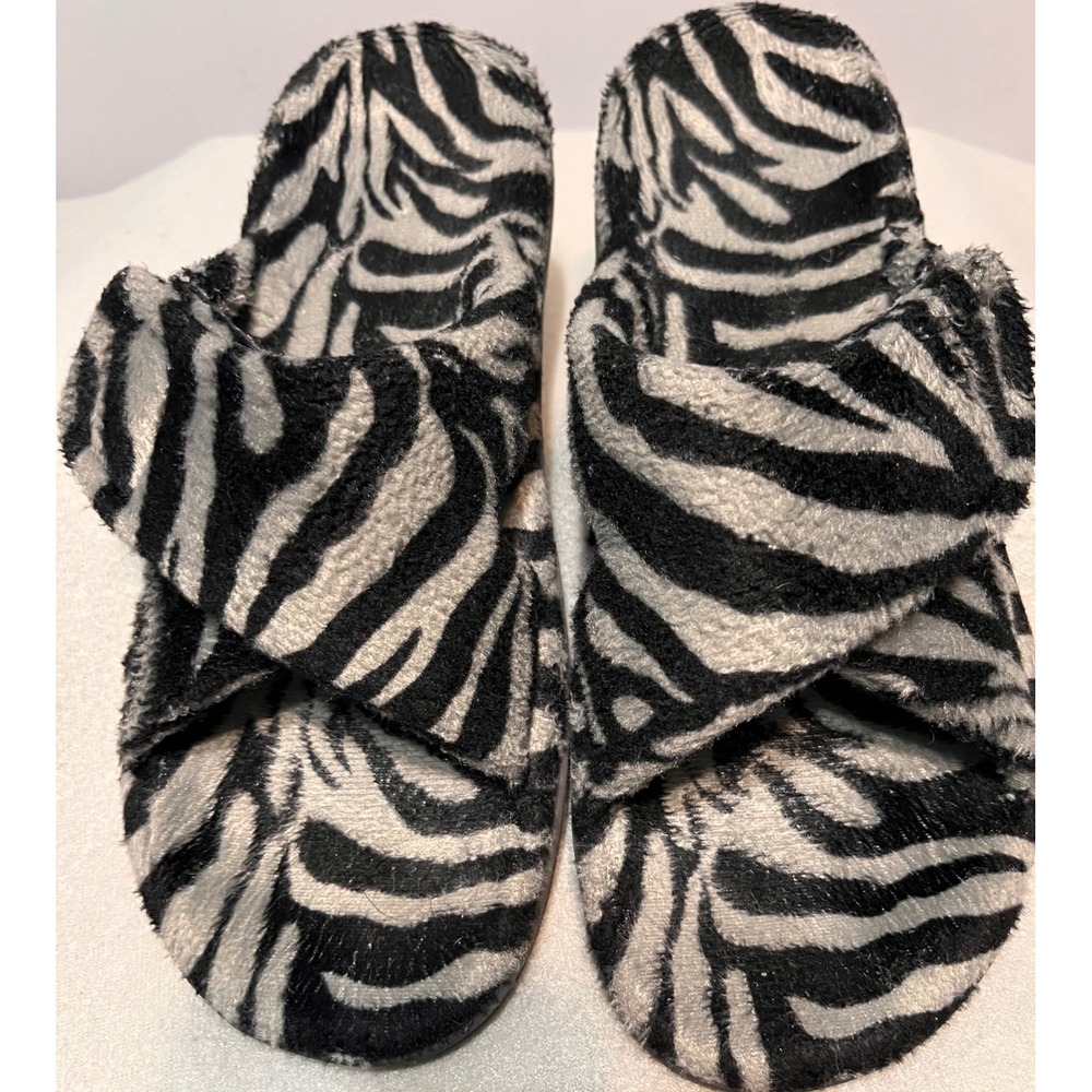 Vionic Relax Zebra Print Plush Cross Strap Slippers Black Grey Arch Support Sz 8